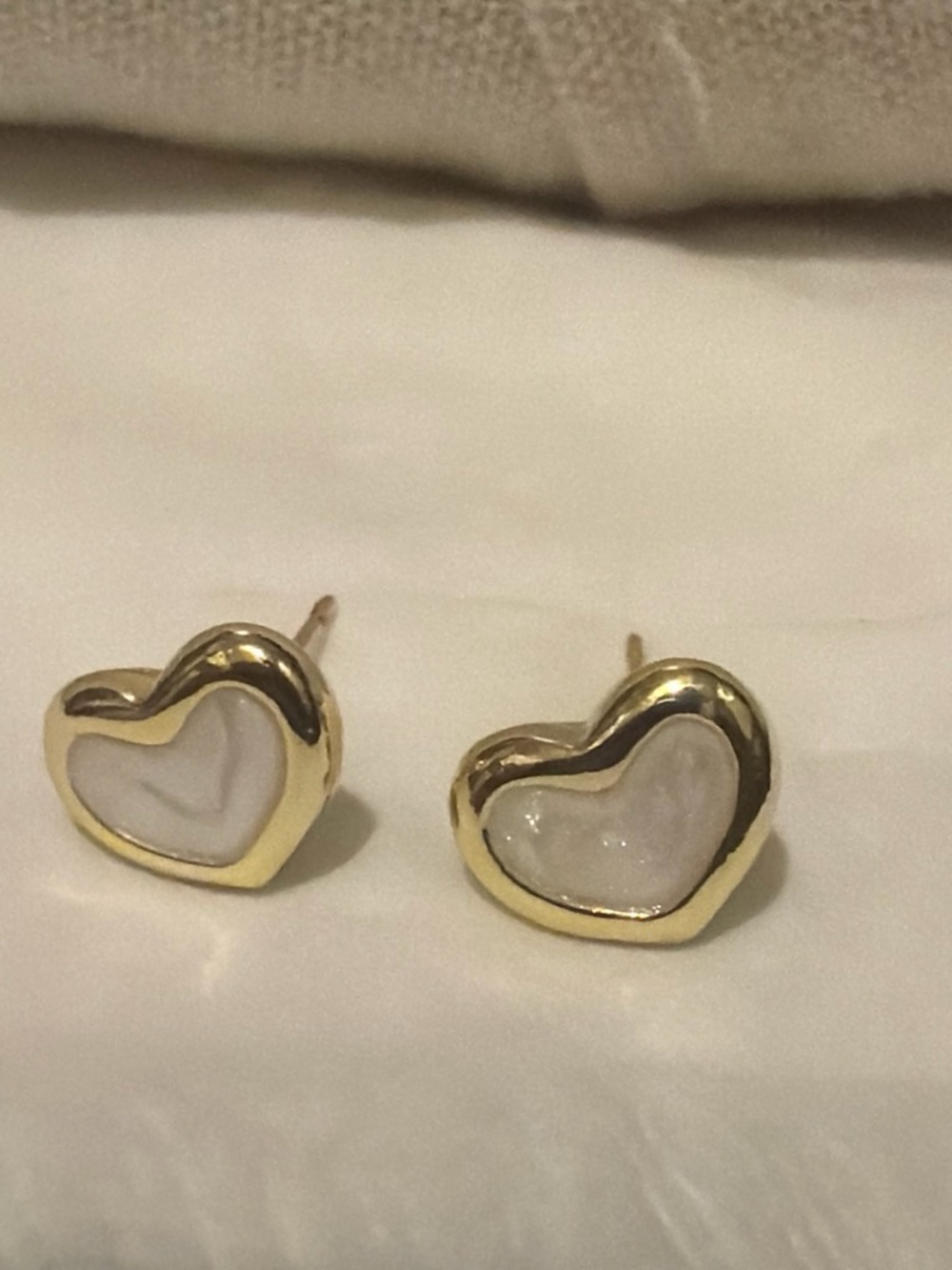 Gold Heart Stud Earrings with White Inlay